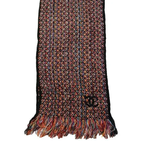 CHANEL Luxury Vintage Black & Red Multi-Color Woven Fringed Shawl Wrap Scarf - Picture 3 of 15